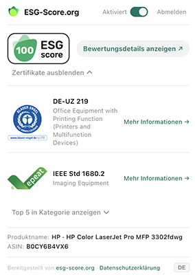 Das Popup der Erweiterung mit einem ESG-Score von 100 und den Zertifikaten des Produkts