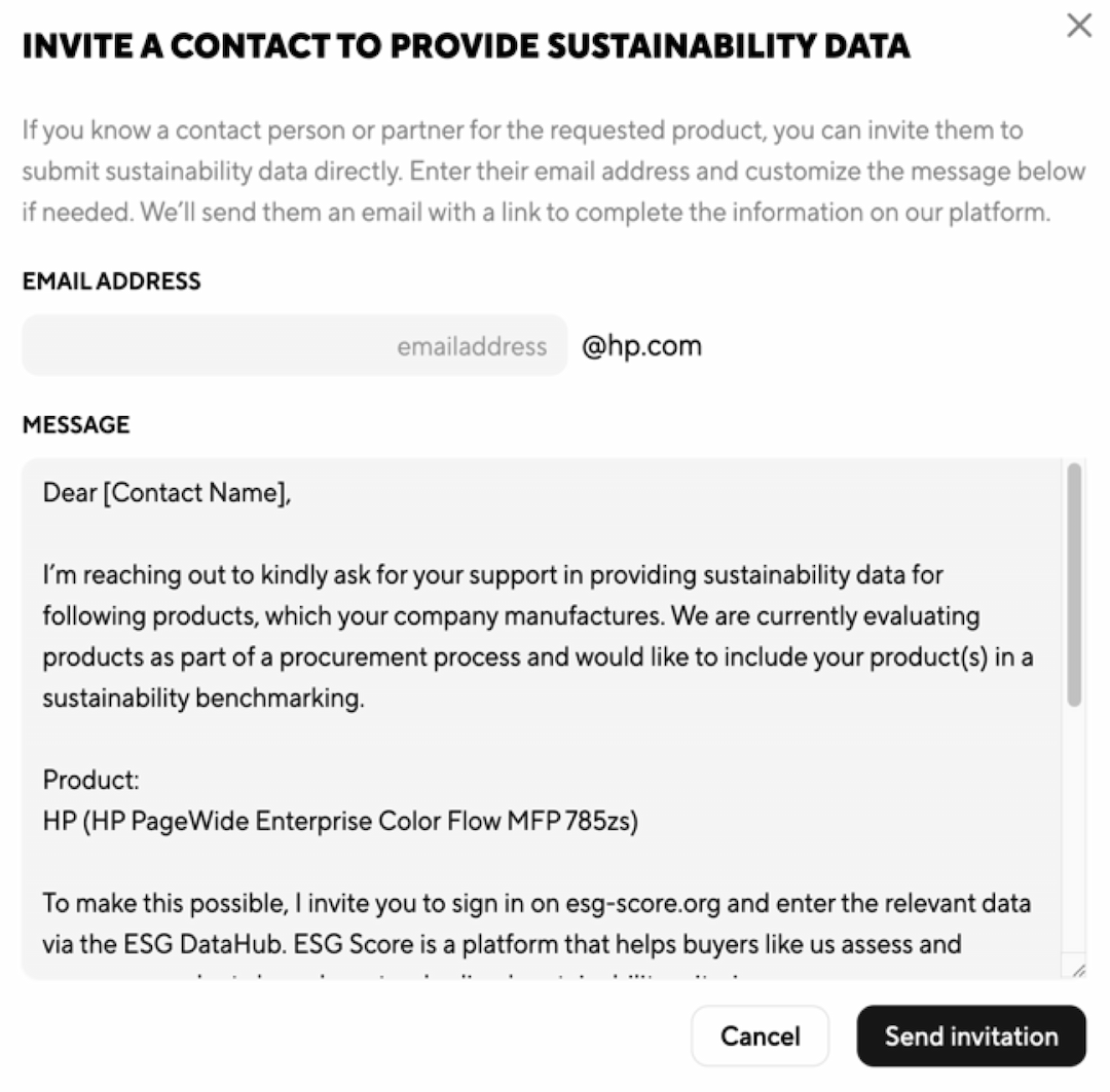 Dialog for inviting a manufacturer contact to submit sustainability data