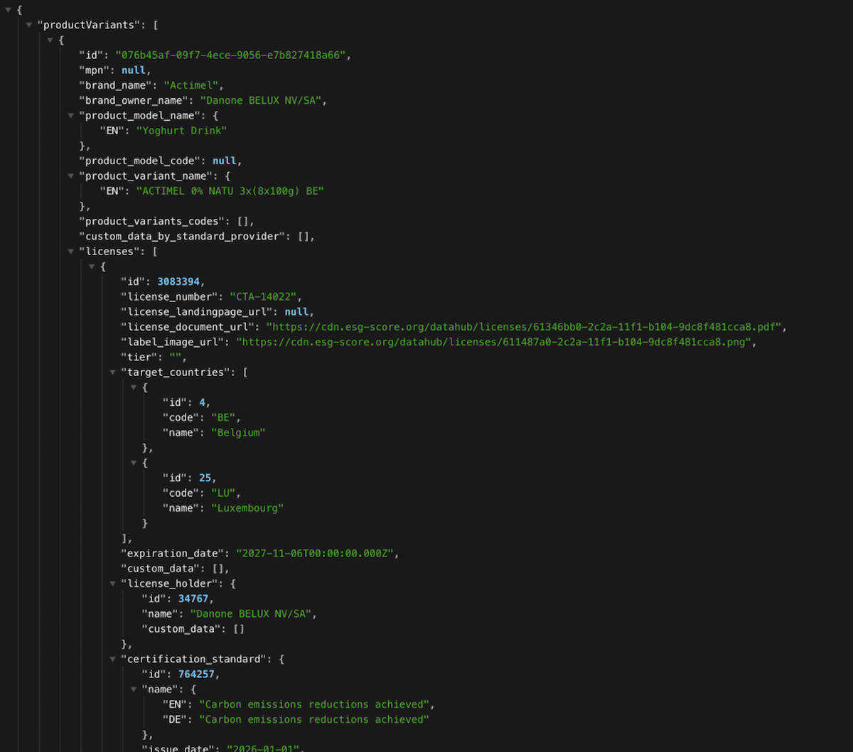 API response with product data, licenses and certification standards