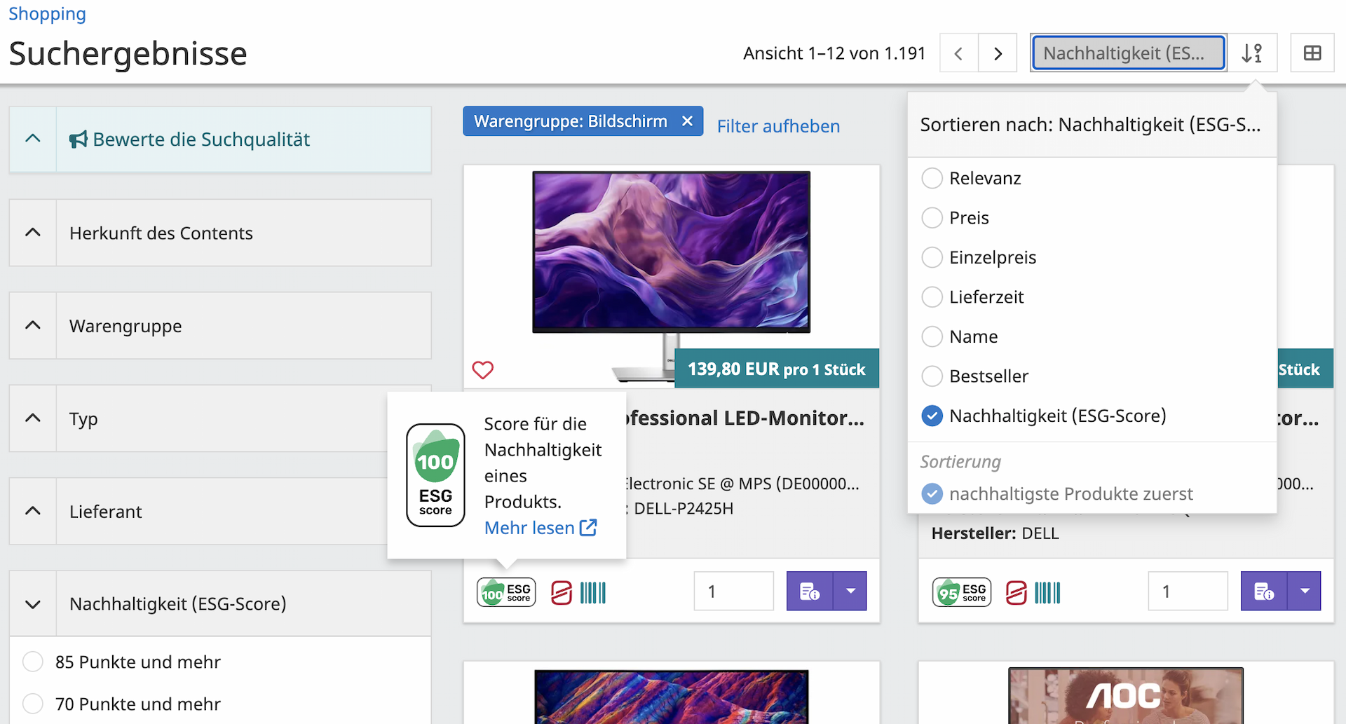 Catalog system search results sorted by ESG Score
