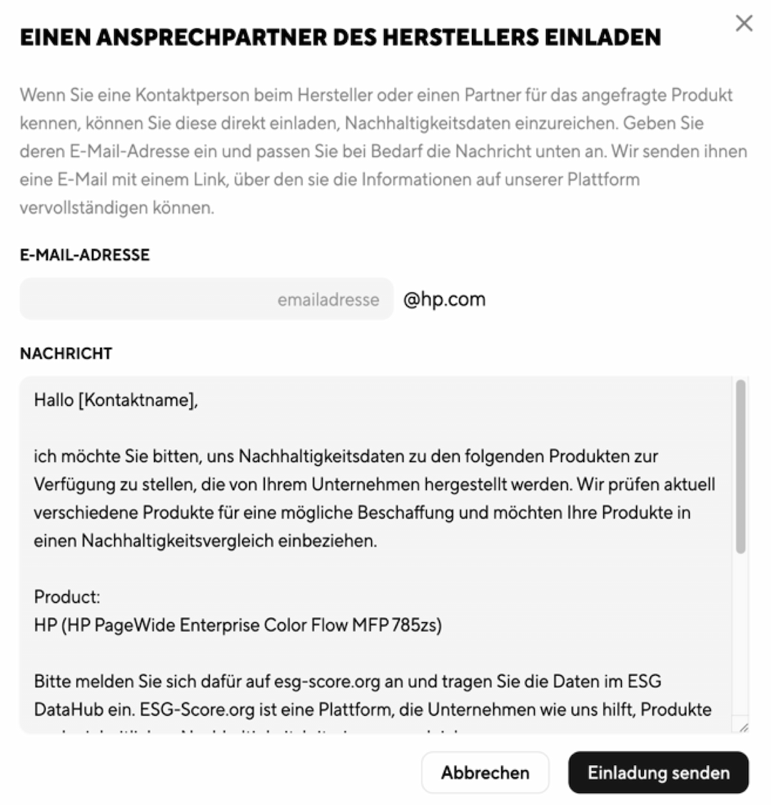 Dialog for inviting a manufacturer contact to submit sustainability data